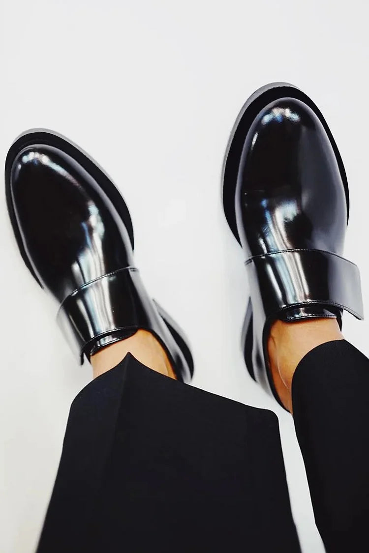 Women's Elegant Leather Strap Loafers | Chic Black Slip-On Shoes 1
