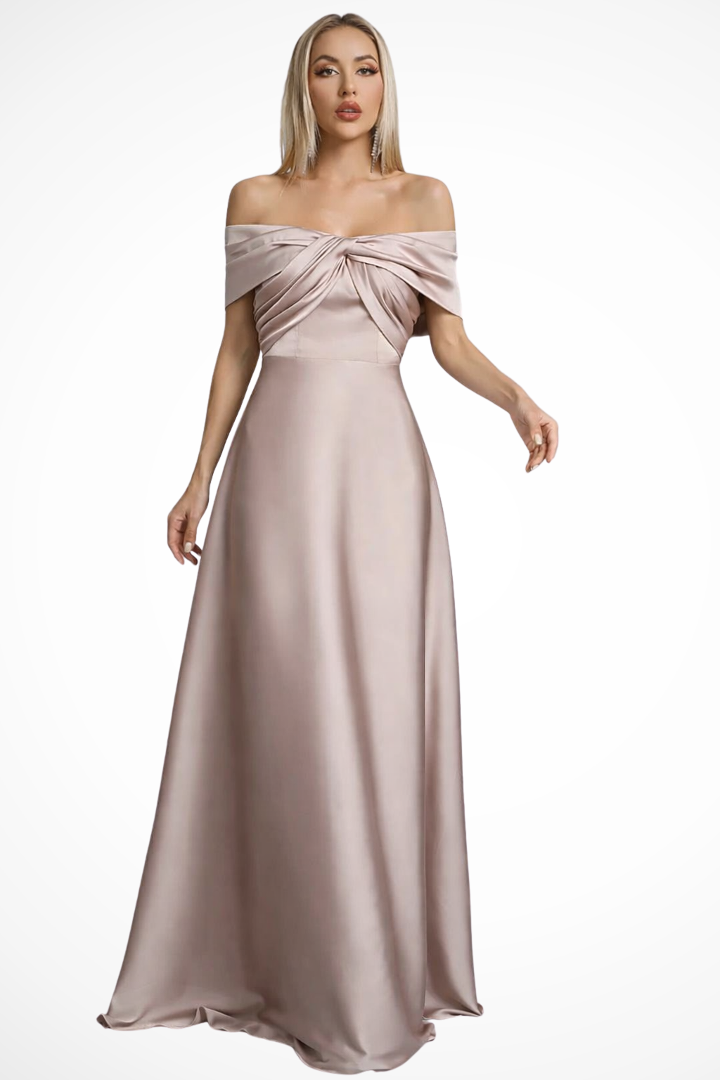 Women's Elegant Satin Maxi Dress | Off-Shoulder Twisted Knot Formal Gown 0