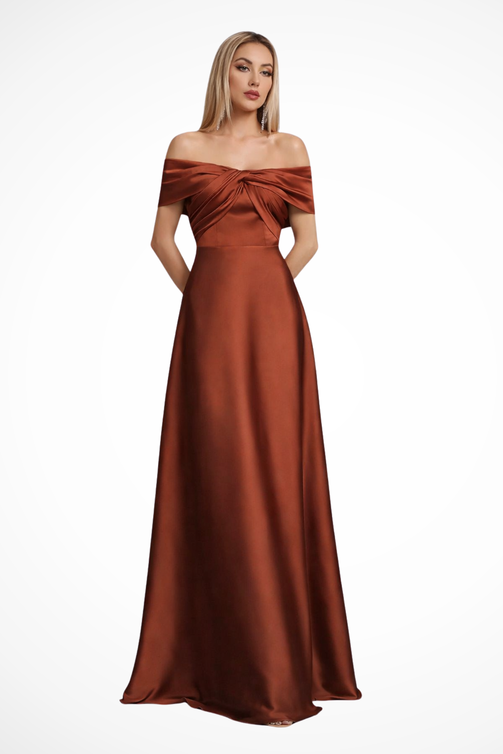 Womens Elegant Satin Maxi Dress | Off-Shoulder Twisted Knot Formal Gown 12