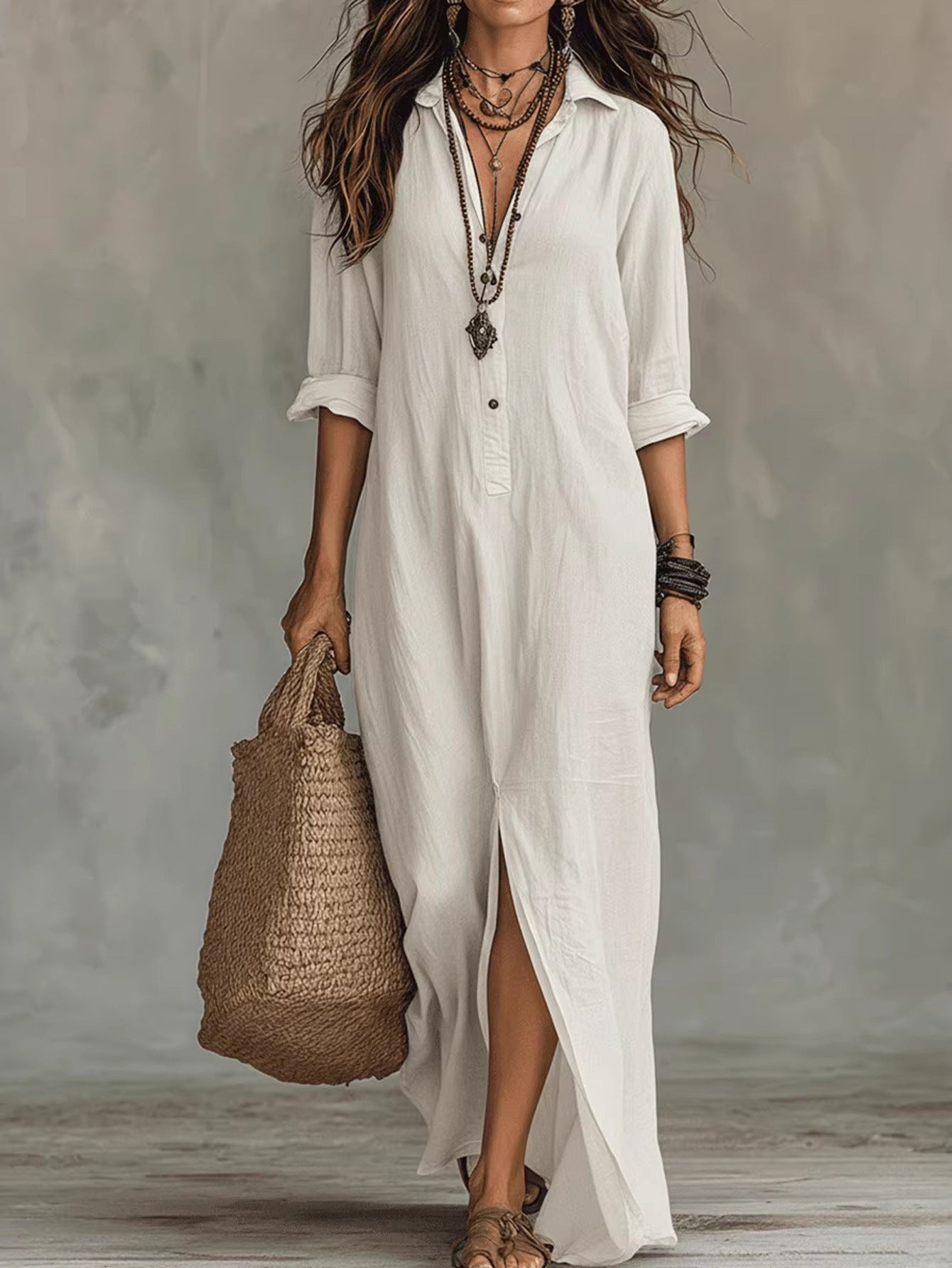 Vestido largo elegante de algodón para mujer | Vestido clásico de camisa de manga larga con abertura frontal