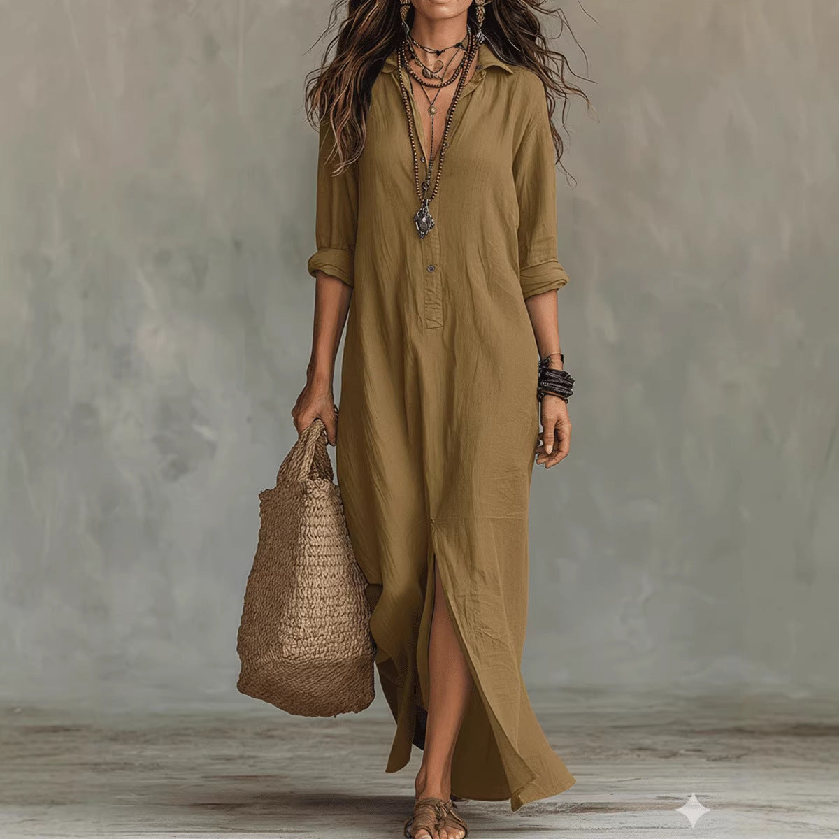 Vestido largo elegante de algodón para mujer | Vestido clásico de camisa de manga larga con abertura frontal
