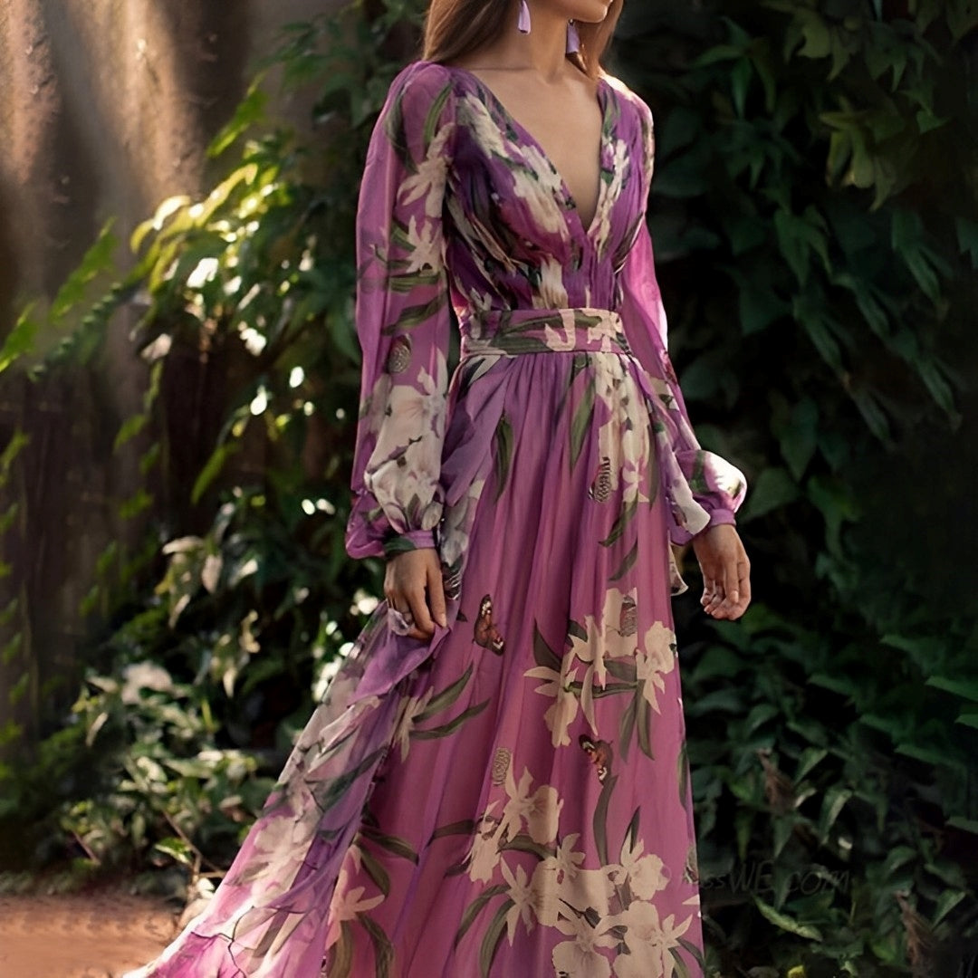 Women's Floral Chiffon Maxi Dress | Elegant Long Sleeve Summer Gown 1