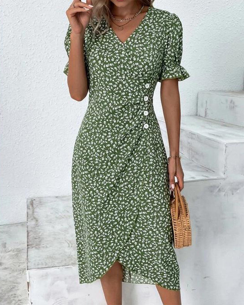 Women's Floral Cotton Wrap Dress | Adjustable V Neck Summer Midi 0