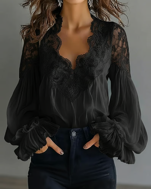 Women's Floral Lace Blouse | Flowing Soft Lantern Sleeve Top | Elegant Summer Top 1