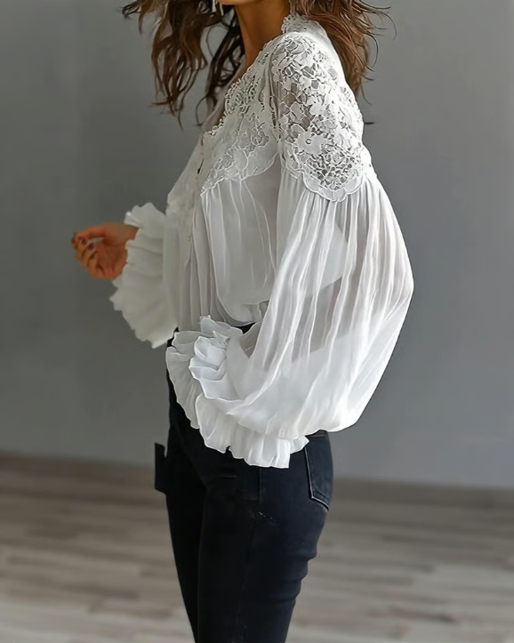 Women's Floral Lace Blouse | Flowing Soft Lantern Sleeve Top | Elegant Summer Top 2