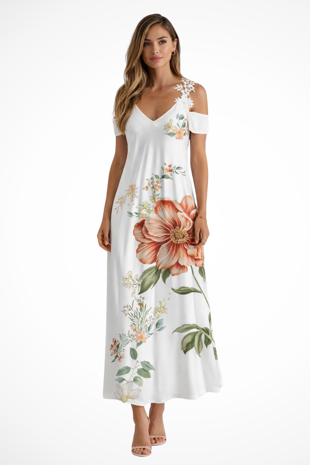 Women's Floral Print Maxi Dress | Elegant Cold-Shoulder Summer Gown 0