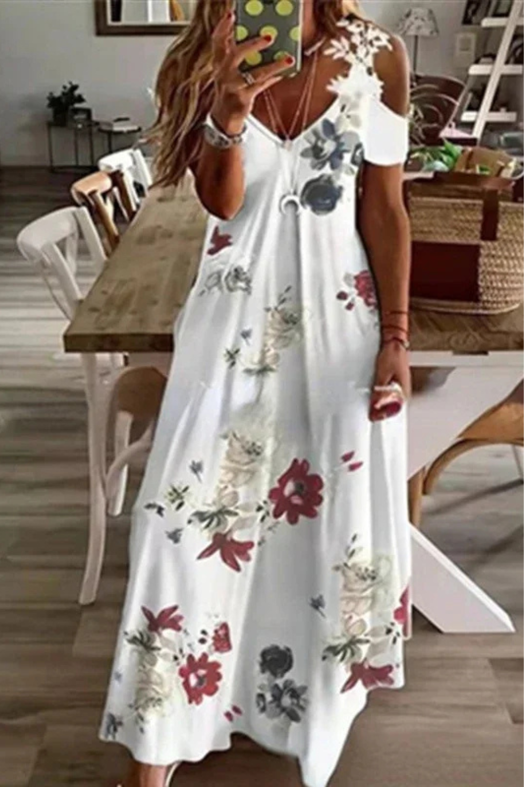 Womens Floral Print Maxi Dress | Elegant Cold-Shoulder Summer Gown 8