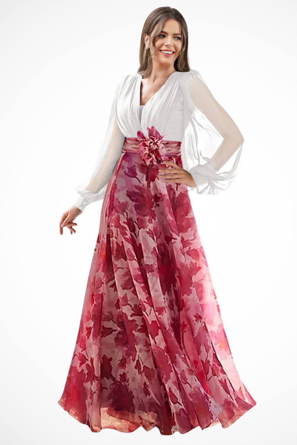 Women's Floral Print Maxi Dress | Fitted Bodice Balloon Sleeves 10