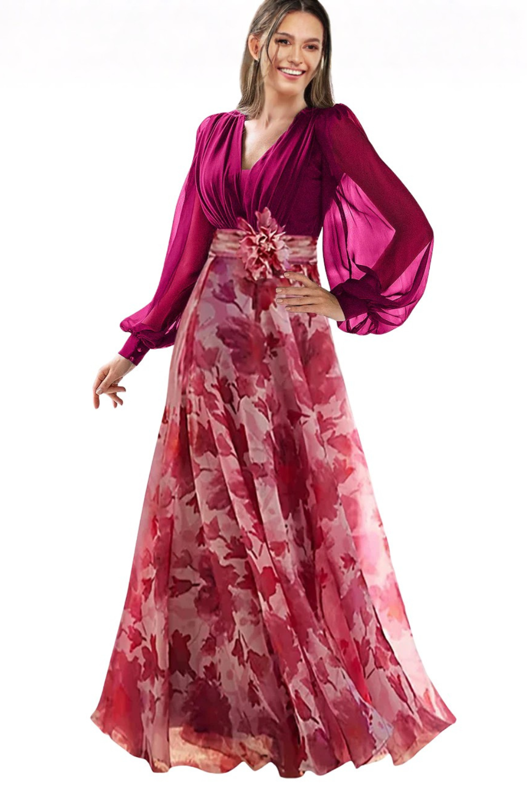 Women's Floral Print Maxi Dress | Fitted Bodice Balloon Sleeves 5