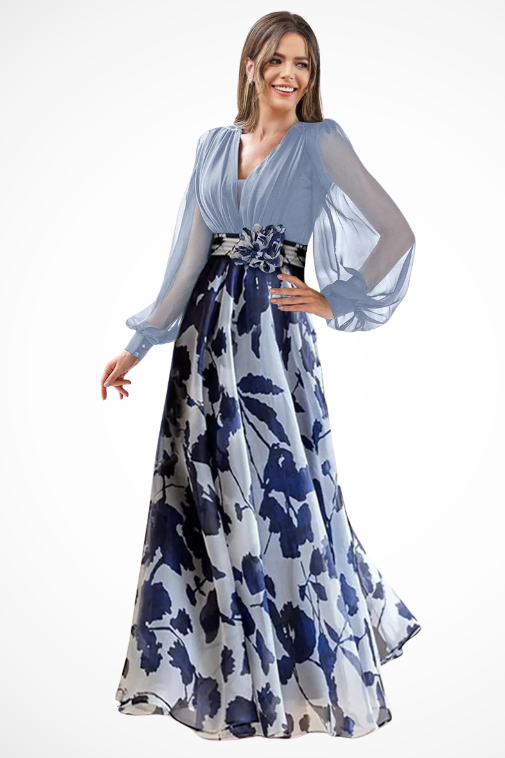 Women's Floral Print Maxi Dress | Fitted Bodice Balloon Sleeves 7