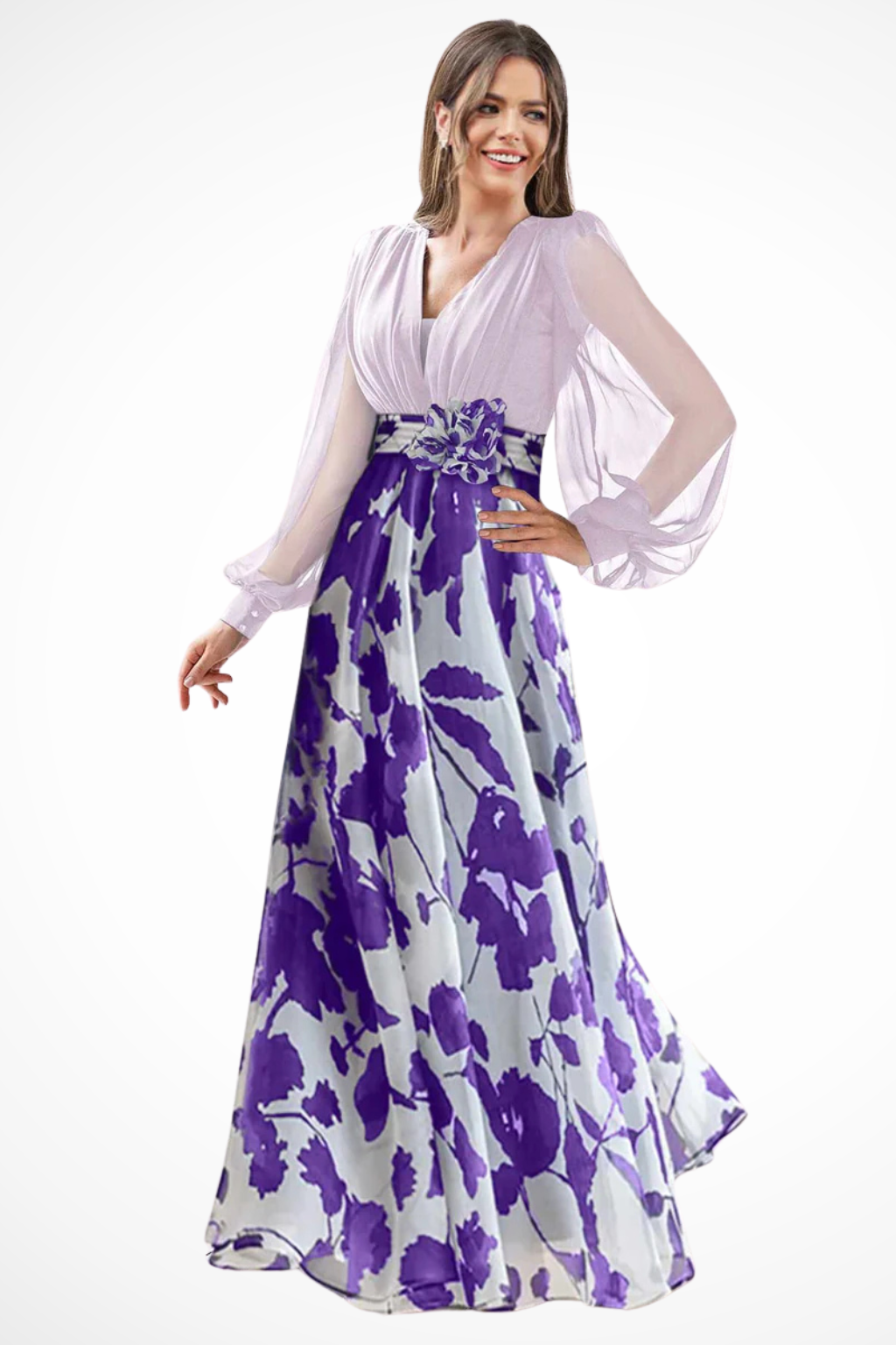 Women's Floral Print Maxi Dress | Fitted Bodice Balloon Sleeves 9