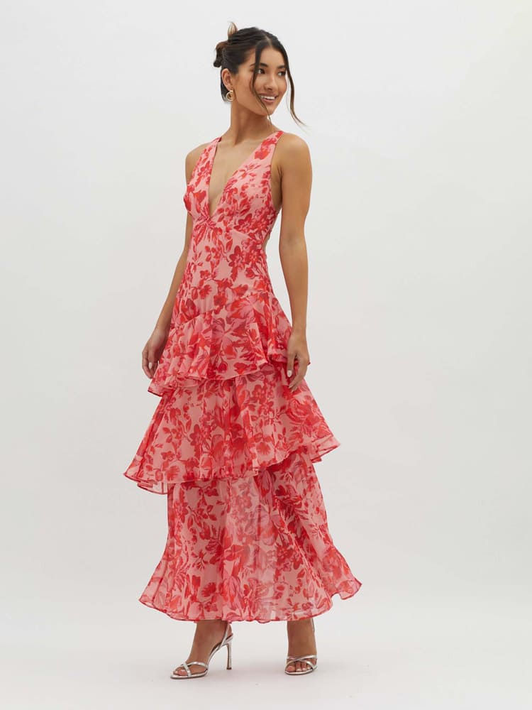 Women's Floral Print Maxi Dress | Flowing Tiered Summer Style 0