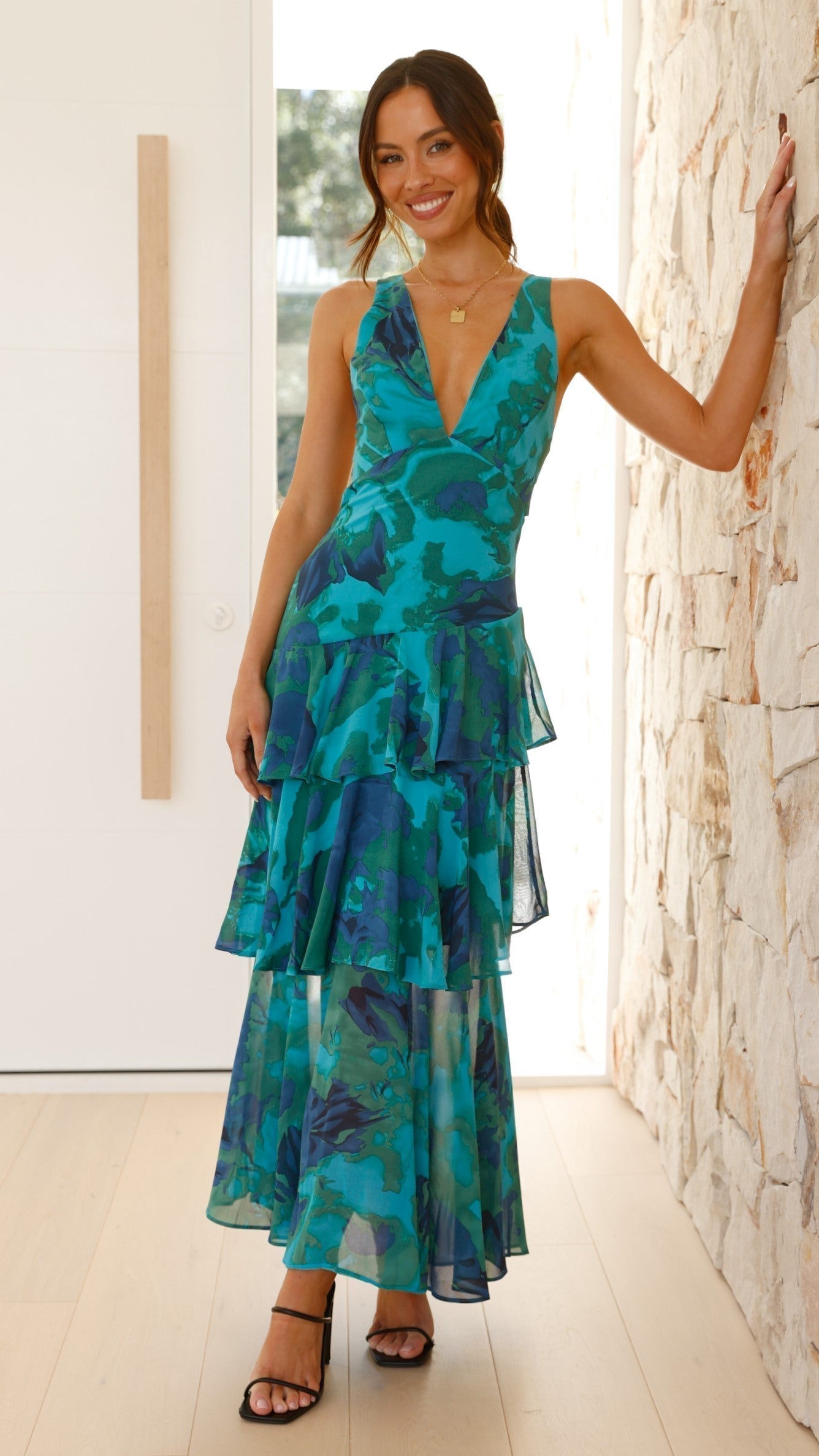 Women's Flowing Fabric Maxi Dress | Graceful V-Neck Tiered Summer Dress 1