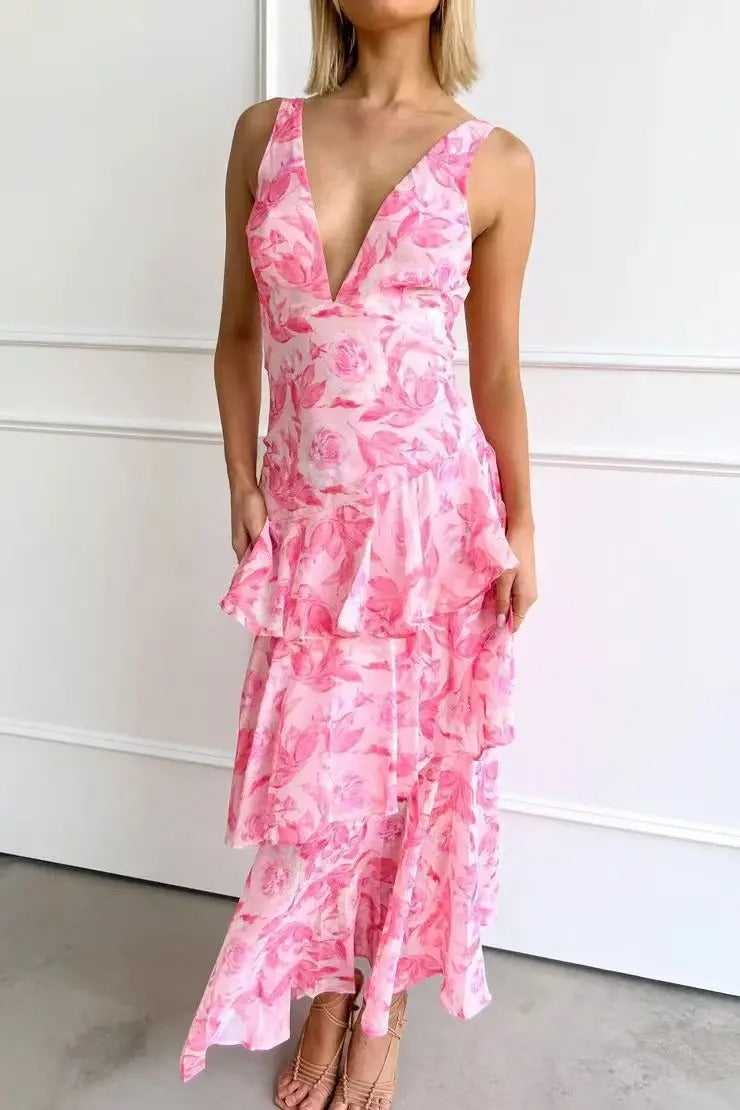 Women's Flowing Fabric Maxi Dress | Graceful V-Neck Tiered Summer Dress 6