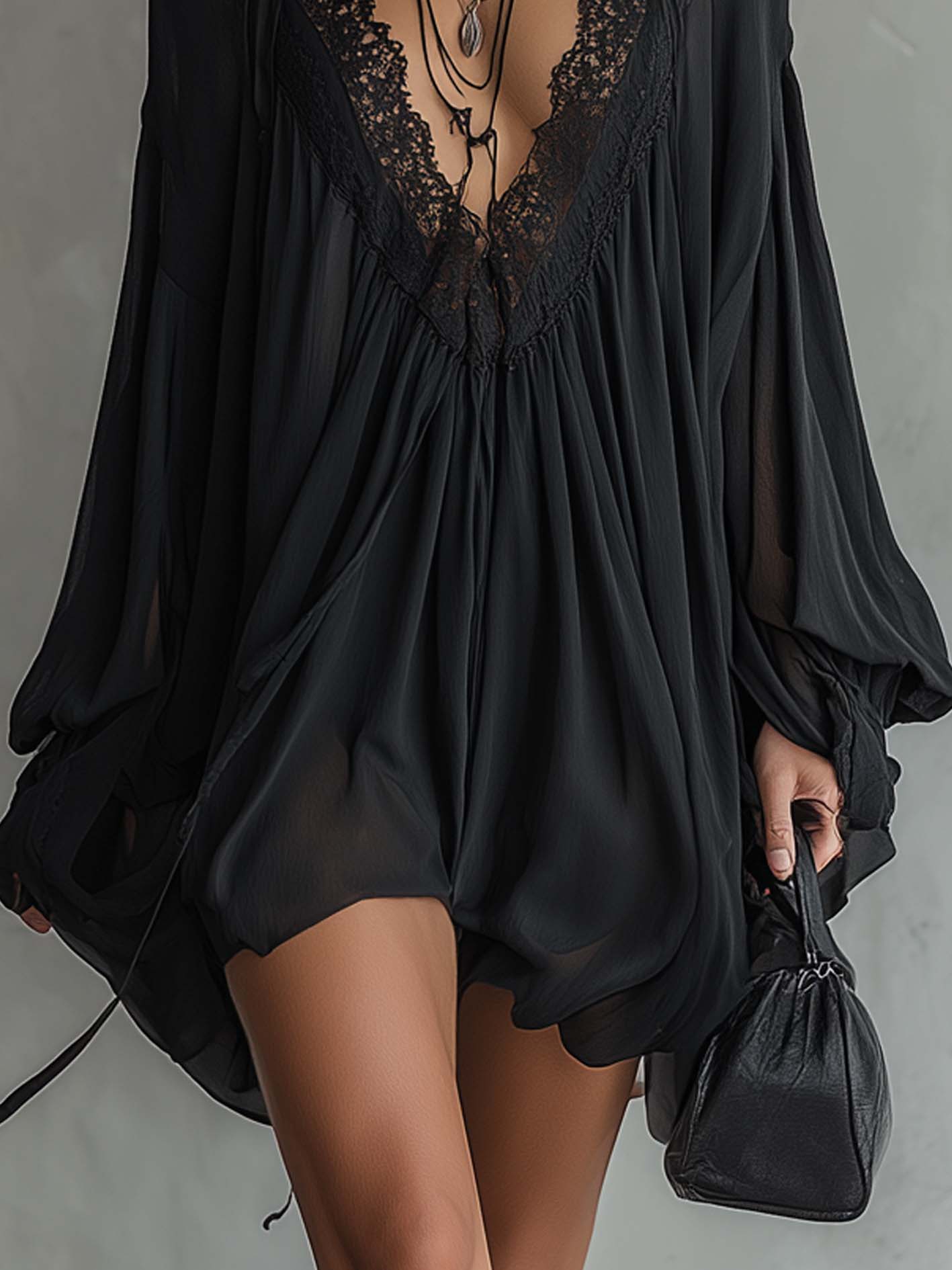 Women's Fluid Chiffon Mini Dress | Romantic Lace Neckline Cocktail Dress 2