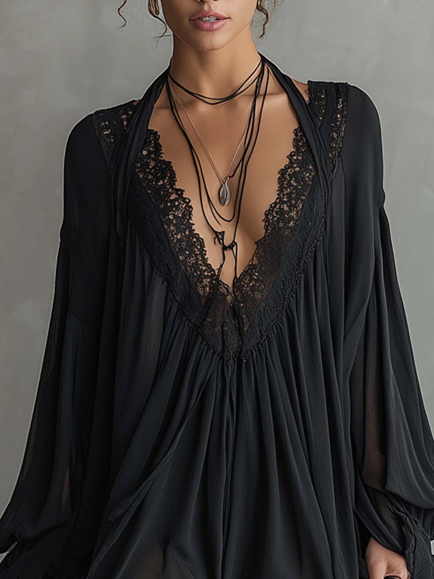 Women's Fluid Chiffon Mini Dress | Romantic Lace Neckline Cocktail Dress 3