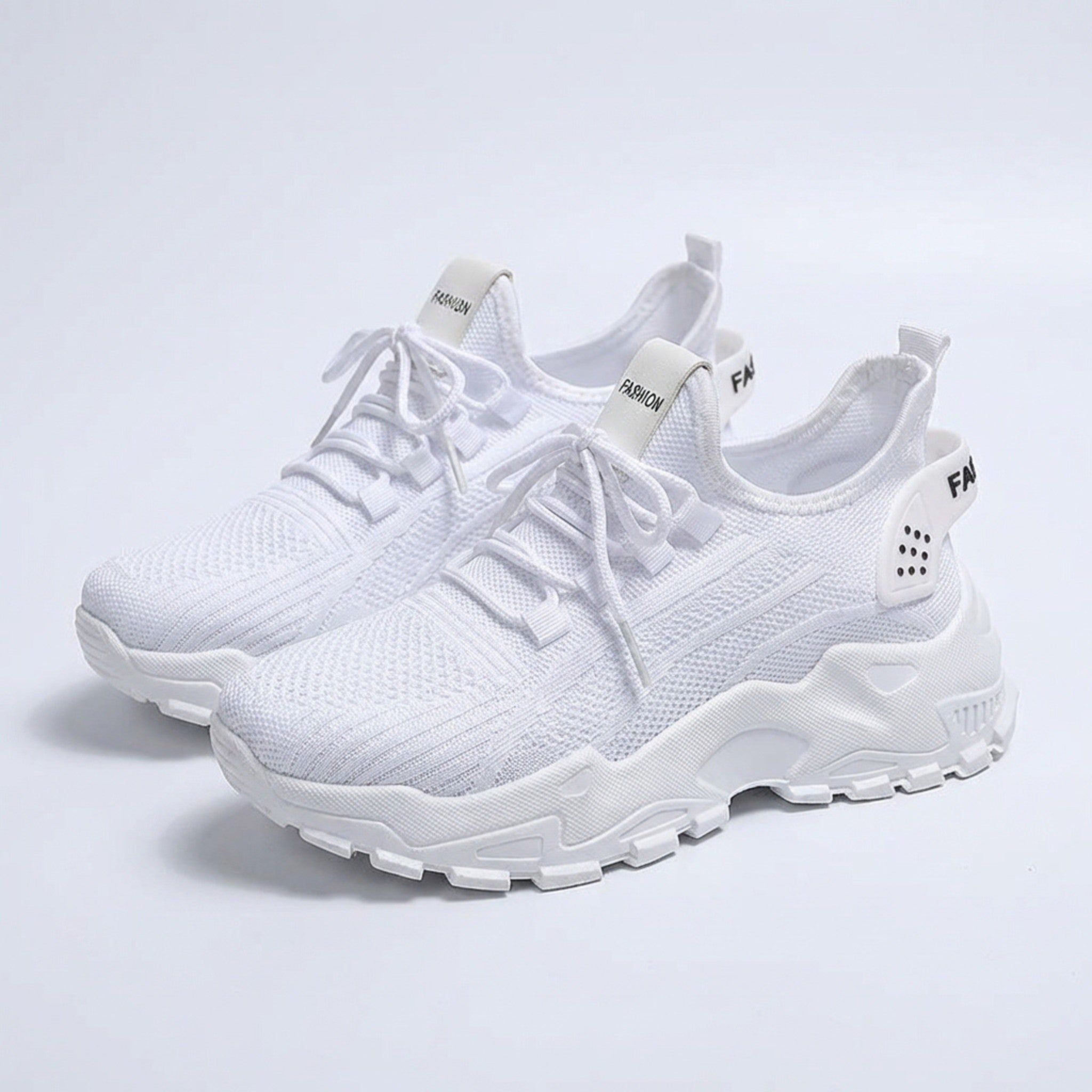 Womens Knit Fabric Lace-Up Sneakers | Comfortable Low Top White Walking Shoes 11