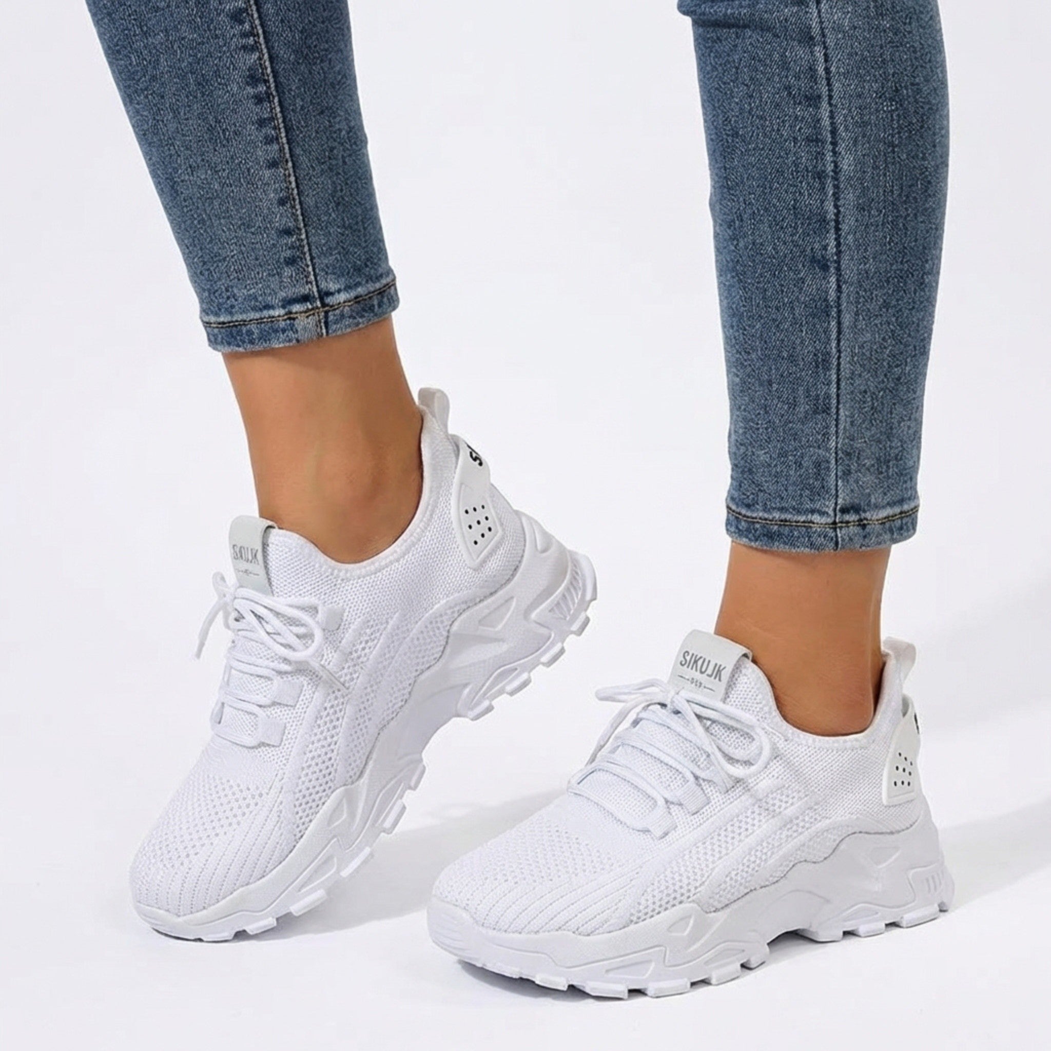 Womens Knit Fabric Lace-Up Sneakers | Comfortable Low Top White Walking Shoes 4