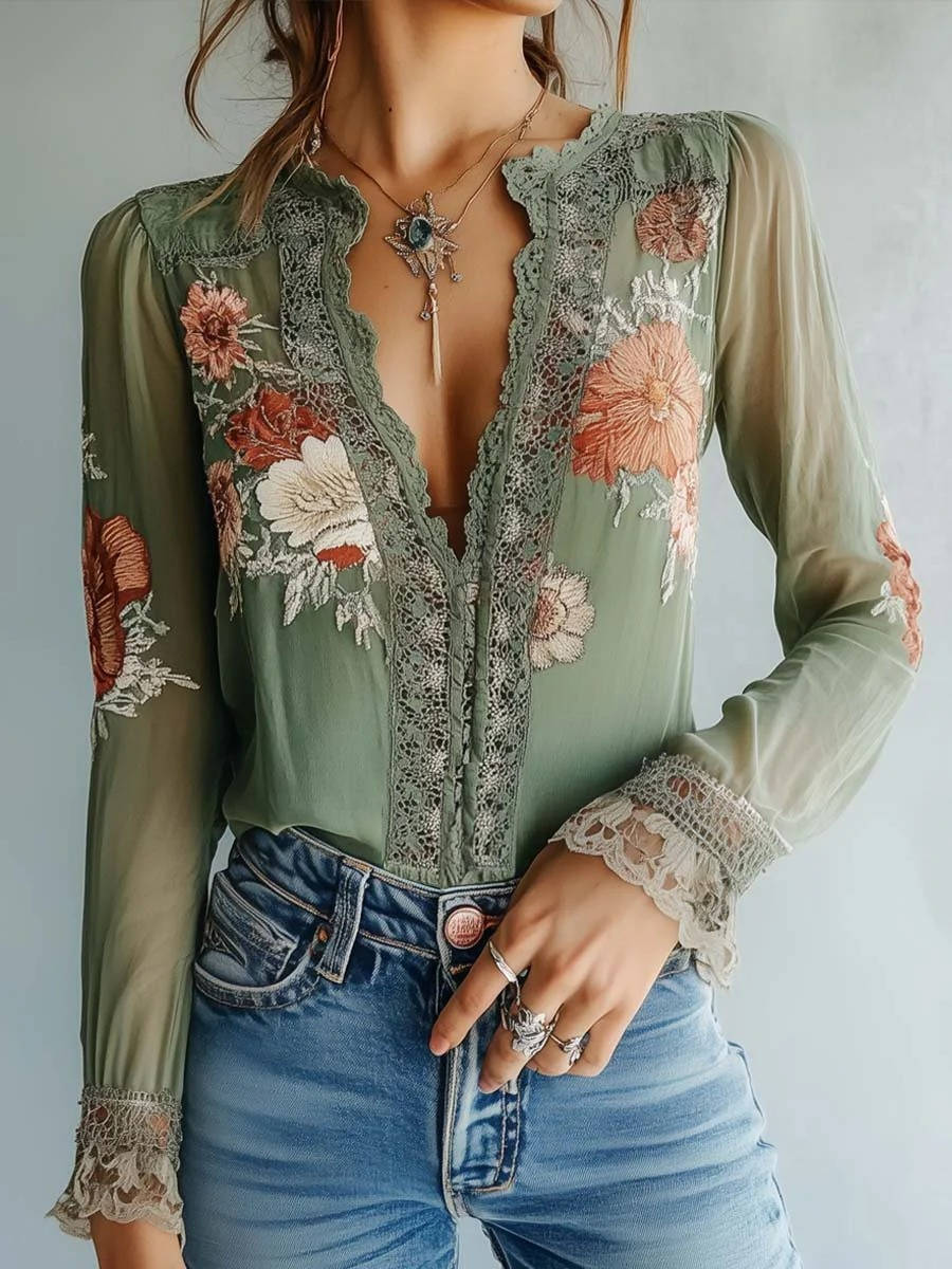 Women's Lightweight Chiffon Blouse | Bohemian Floral Summer Top with Lace Trim 0