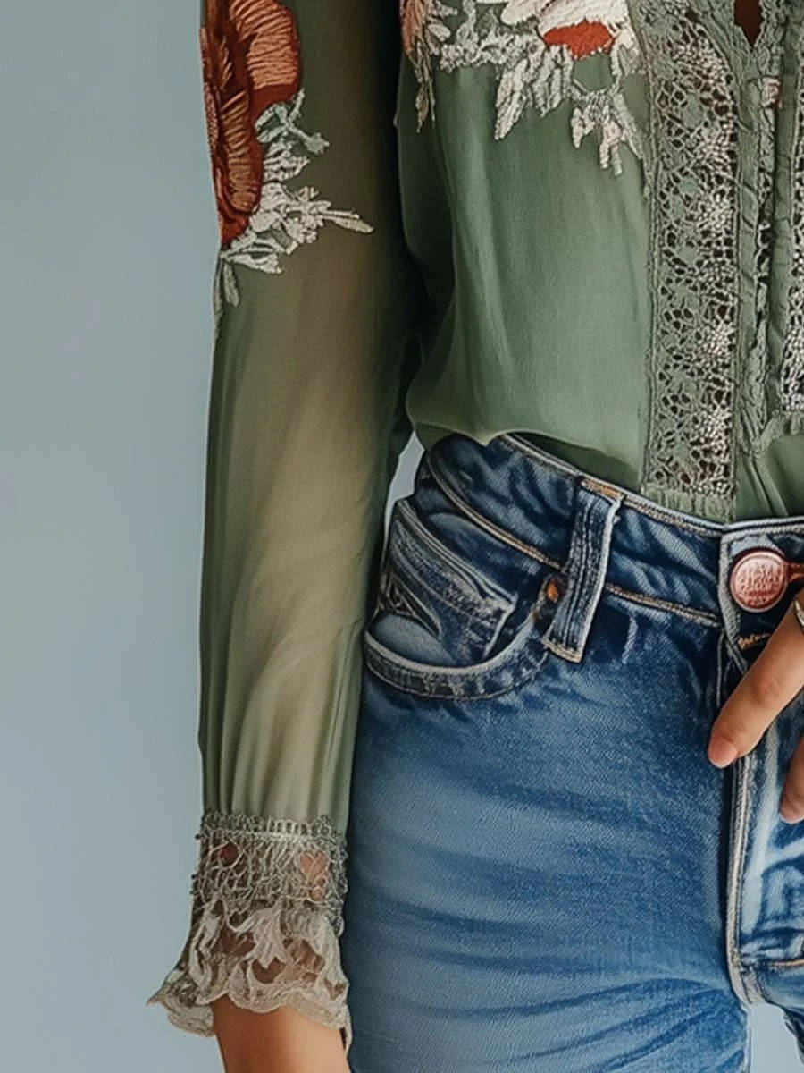 Women's Lightweight Chiffon Blouse | Bohemian Floral Summer Top with Lace Trim 3