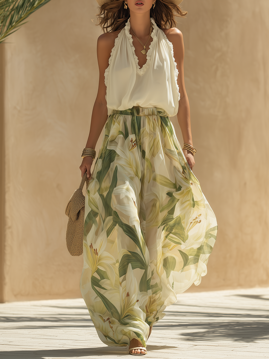 Women's Lightweight Floral Chiffon Set | Romantic Halter Top and Flowing Pants for Summer 0