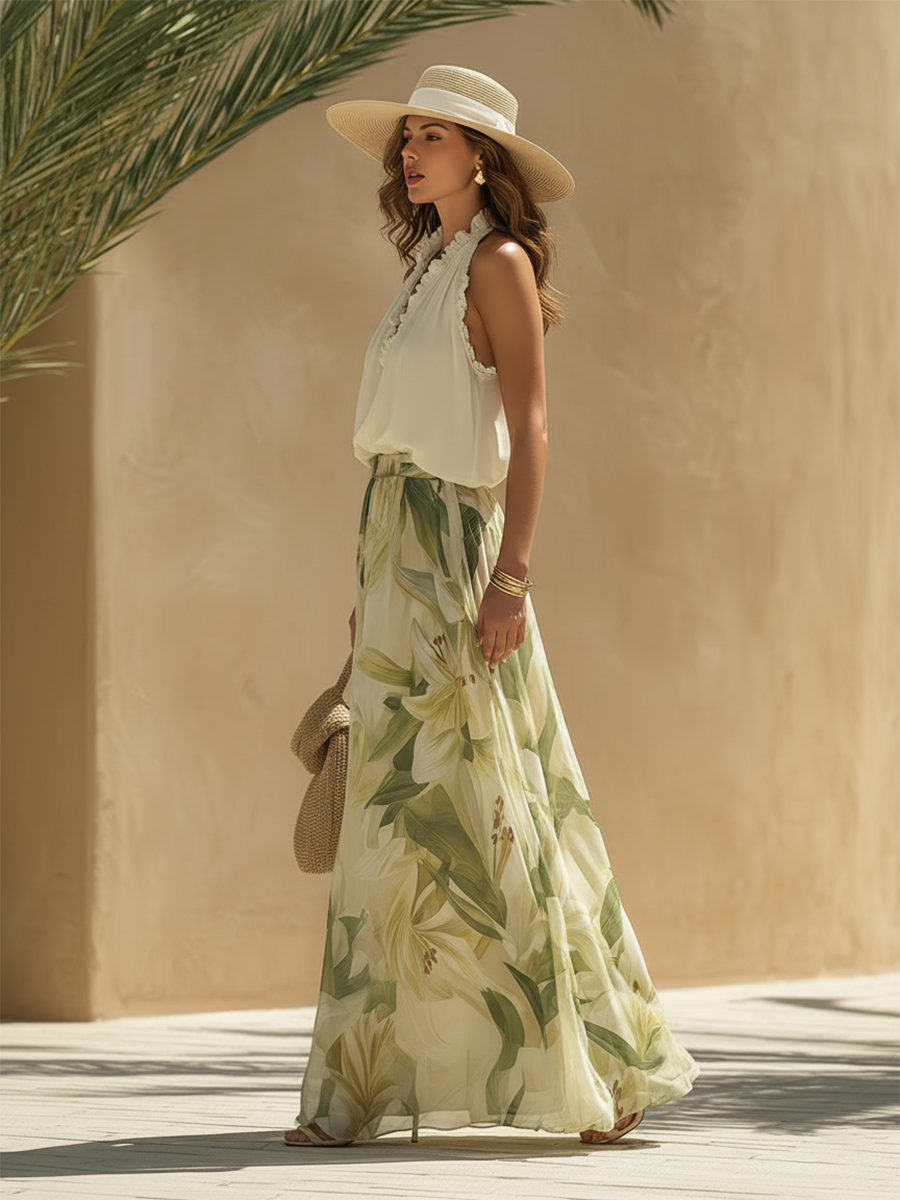 Women's Lightweight Floral Chiffon Set | Romantic Halter Top and Flowing Pants for Summer 1