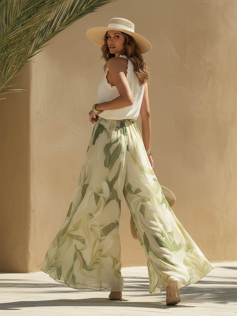 Women's Lightweight Floral Chiffon Set | Romantic Halter Top and Flowing Pants for Summer 2