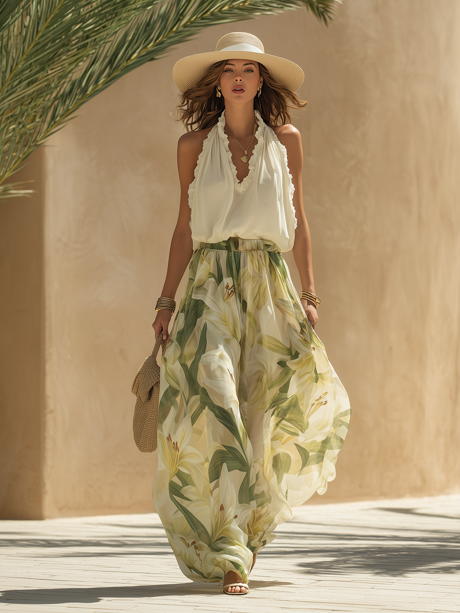 Women's Lightweight Floral Chiffon Set | Romantic Halter Top and Flowing Pants for Summer 3