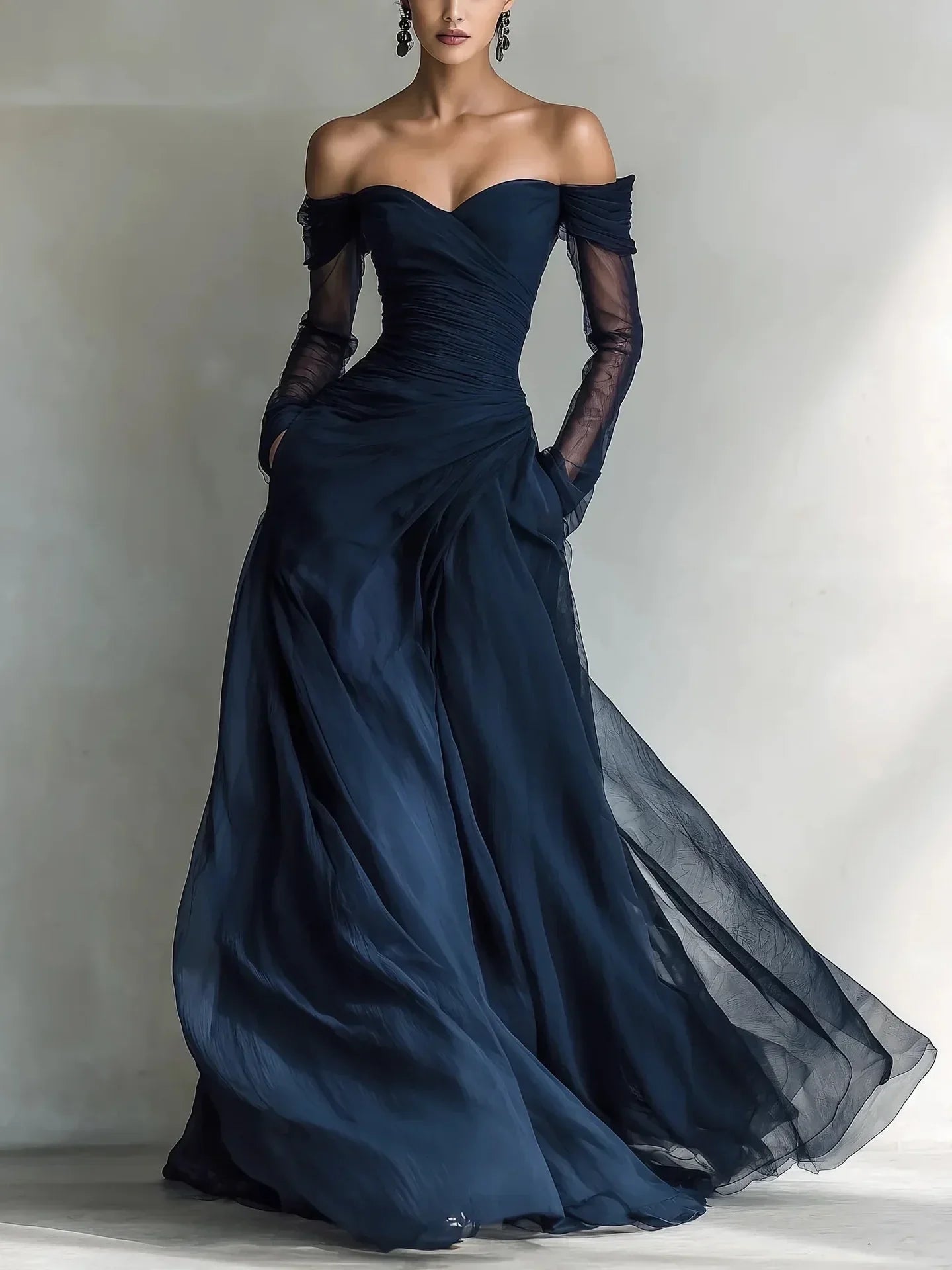 Women's Mesh Long Dress | Romantic Pleated Open Shoulder Maxi Dress 0