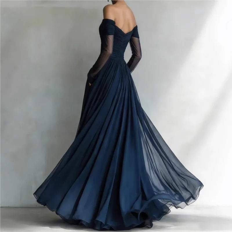 Women's Mesh Long Dress | Romantic Pleated Open Shoulder Maxi Dress 2