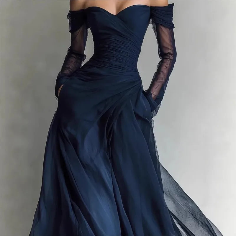 Women's Mesh Long Dress | Romantic Pleated Open Shoulder Maxi Dress 3