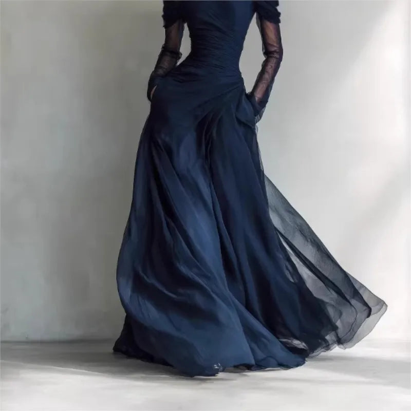 Women's Mesh Long Dress | Romantic Pleated Open Shoulder Maxi Dress 4