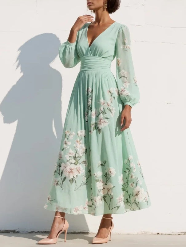 Women's Mint Green Chiffon Maxi Dress | Elegant Pleated Floral Summer Gown 1