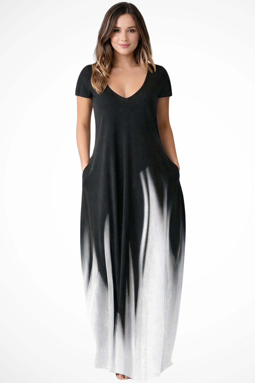 Women's Ombre Maxi Dress | Elegant V-Neck Short Sleeve Summer Dress with Pockets 0