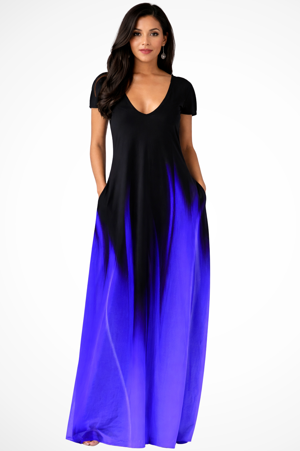 Womens Ombre Maxi Dress | Elegant V-Neck Short Sleeve Summer Dress with Pockets 5