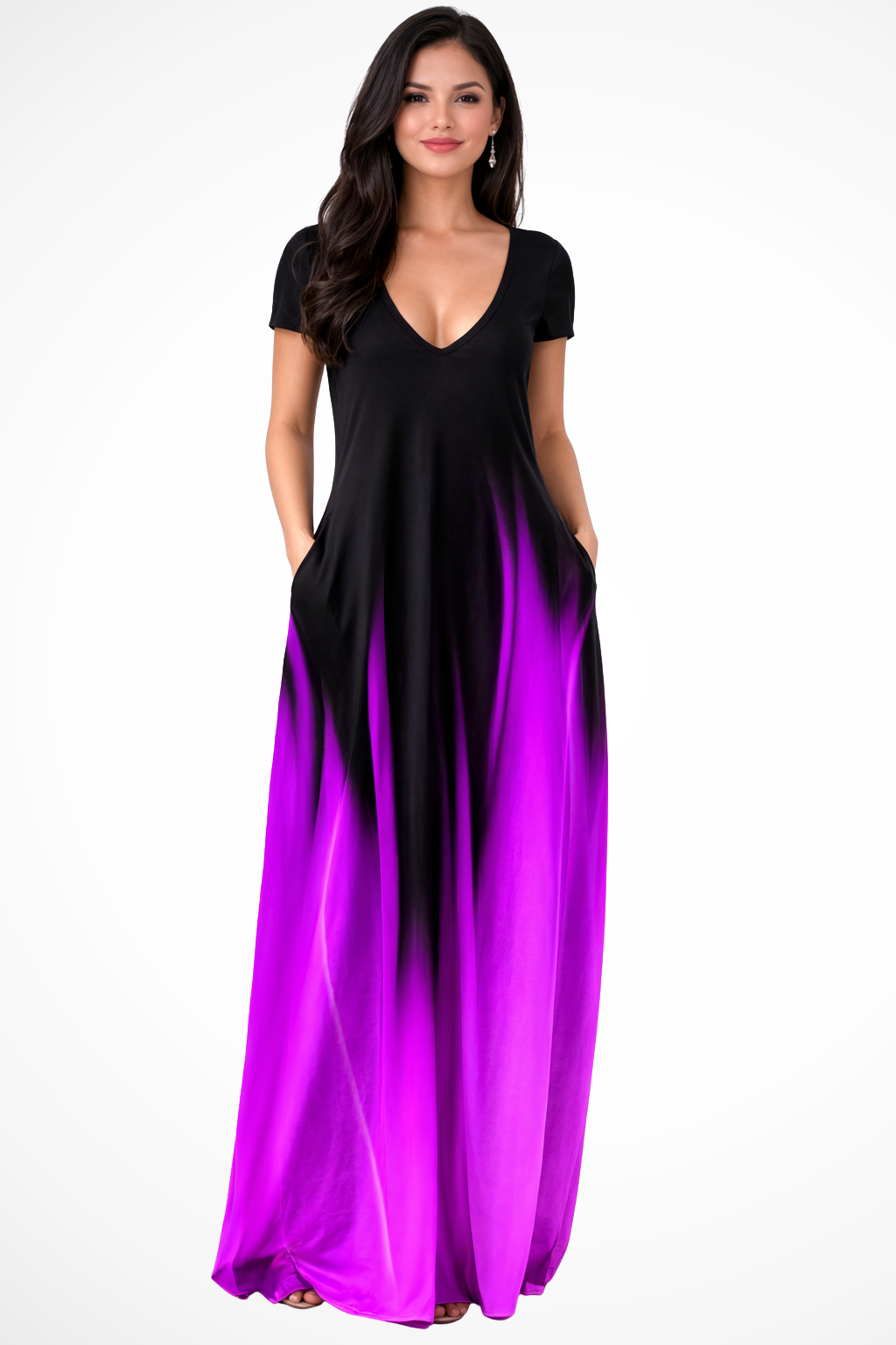 Womens Ombre Maxi Dress | Elegant V-Neck Short Sleeve Summer Dress with Pockets 9