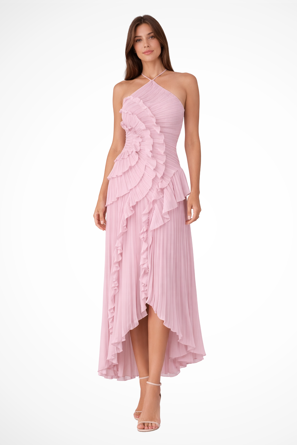 Women's Pleated Fabric Maxi Dress | Ruffled Halter Summer Gown 0