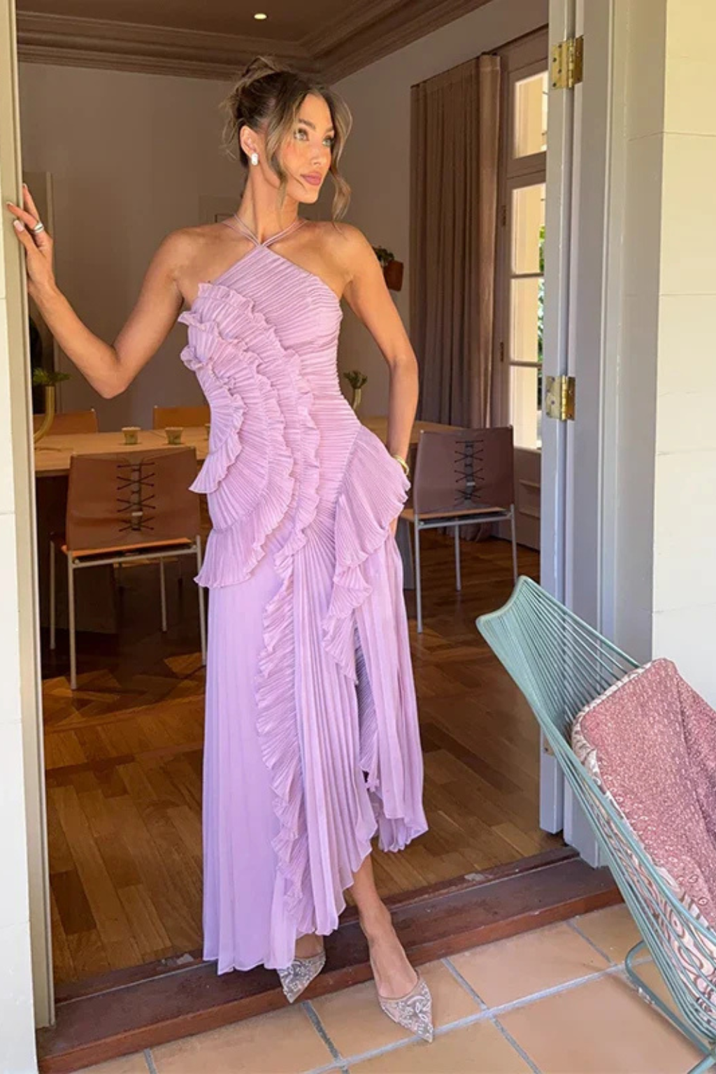 Women's Pleated Fabric Maxi Dress | Ruffled Halter Summer Gown 4