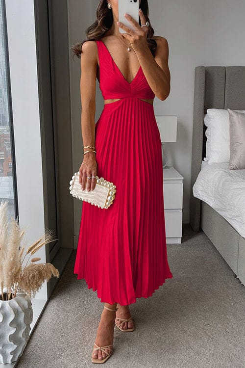 Women's Pleated Polyester Midi Dress | Elegant V-Neck Summer Dress 1
