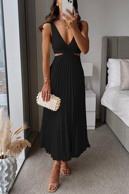 Women's Pleated Polyester Midi Dress | Elegant V-Neck Summer Dress 3