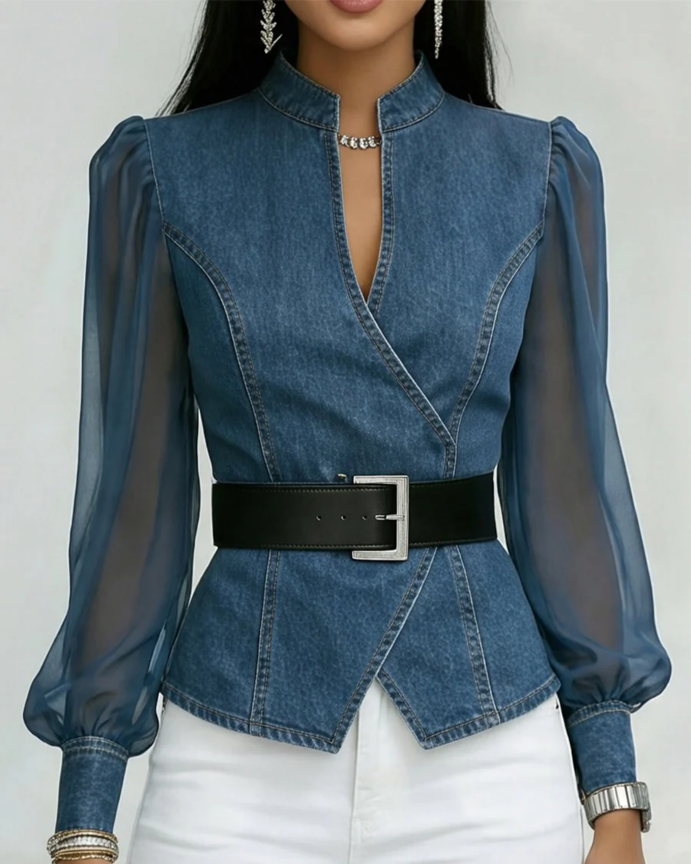 Women's Premium Denim Top with Chiffon Sleeves | Structured Wrap Design Elegant Casual Blouse 0