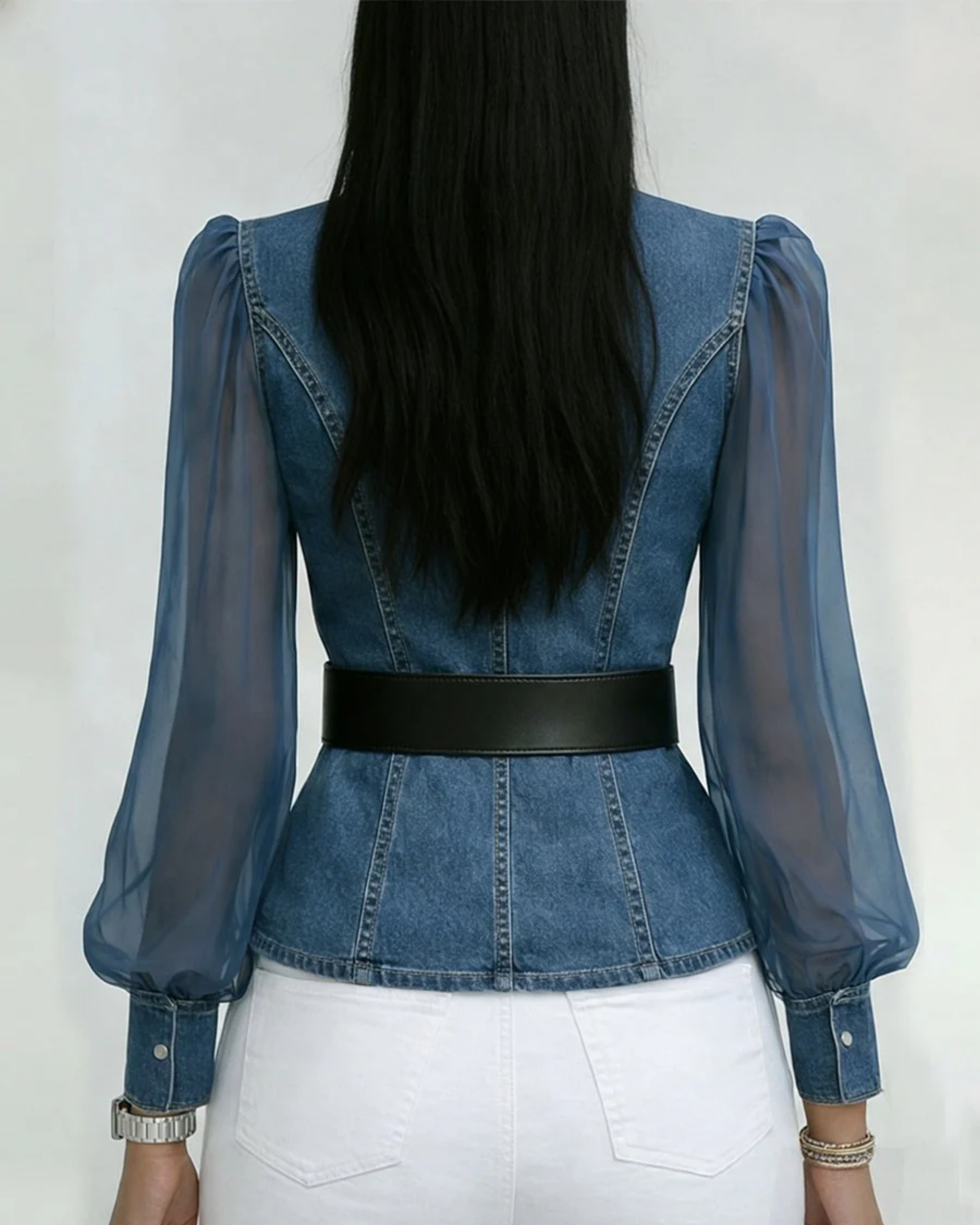 Women's Premium Denim Top with Chiffon Sleeves | Structured Wrap Design Elegant Casual Blouse 2