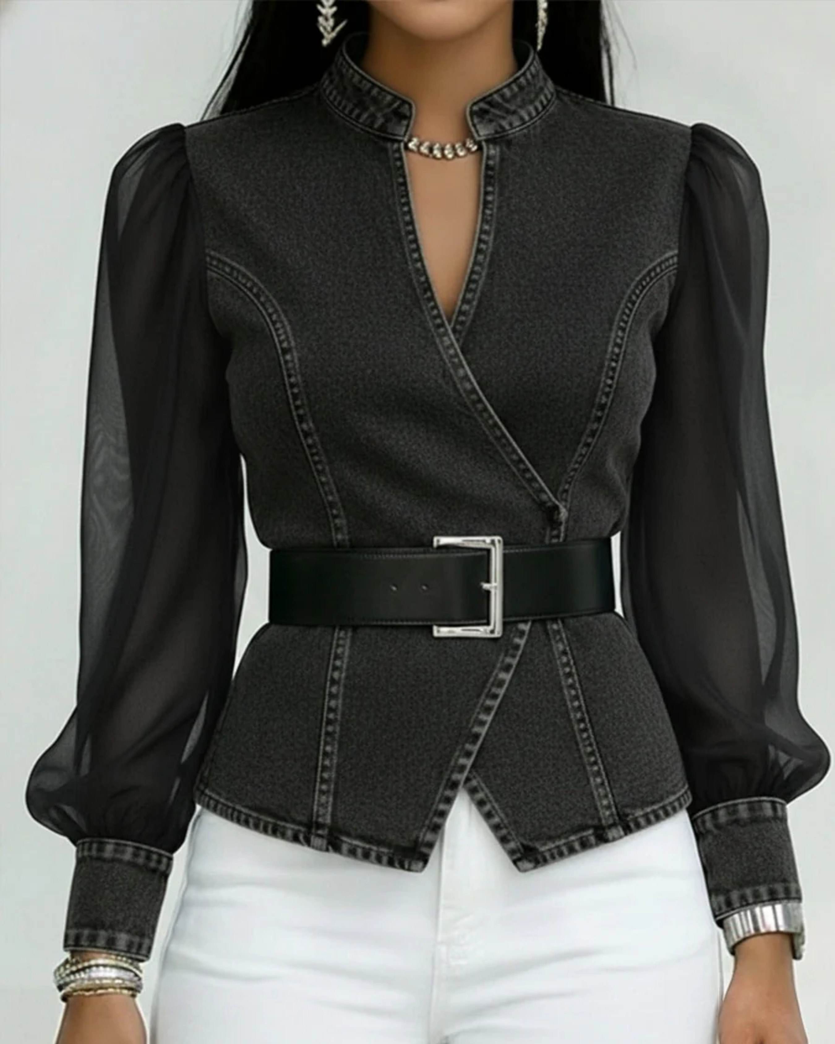 Women's Premium Denim Top with Chiffon Sleeves | Structured Wrap Design Elegant Casual Blouse 4