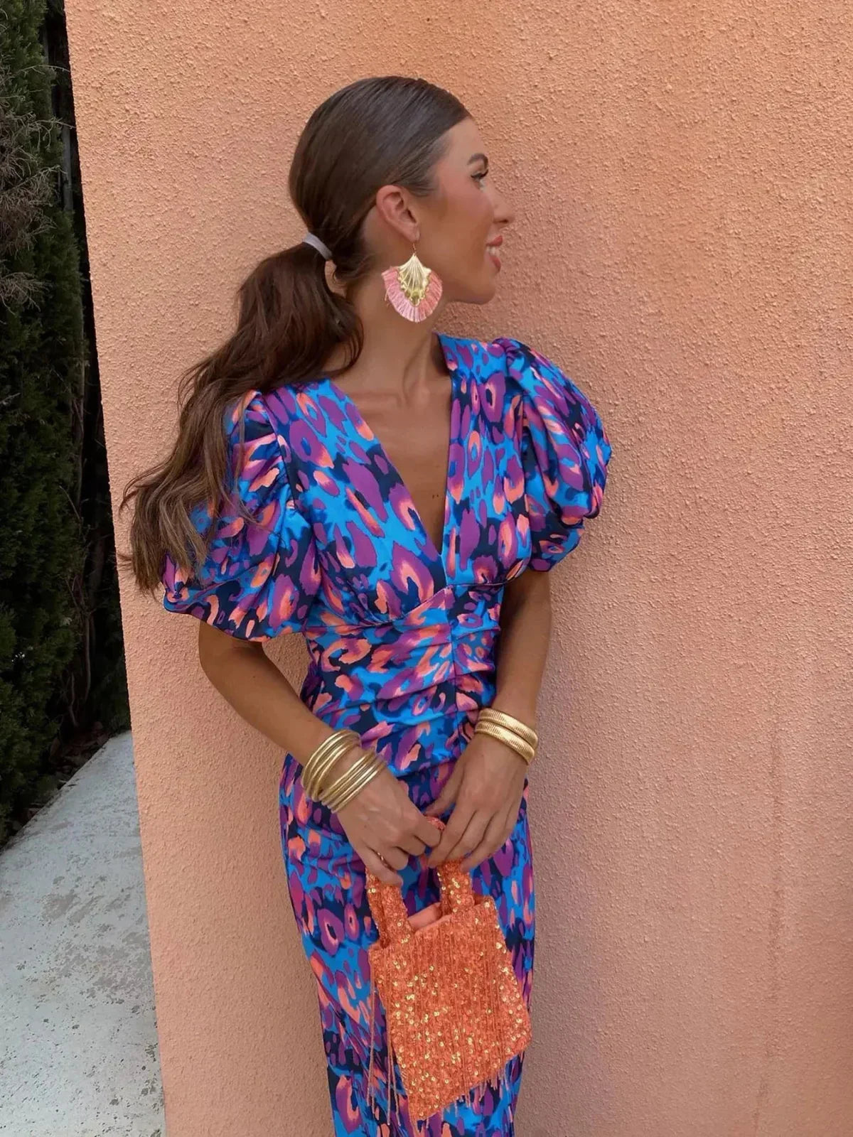 Women's Printed Midi Dress | Elegant Puff Sleeve Summer Dress 4