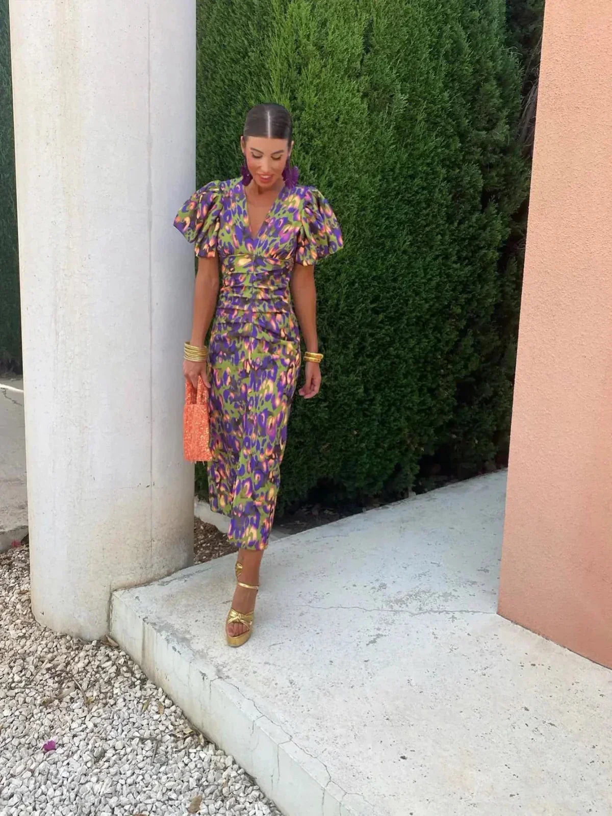 Women's Printed Midi Dress | Elegant Puff Sleeve Summer Dress 5