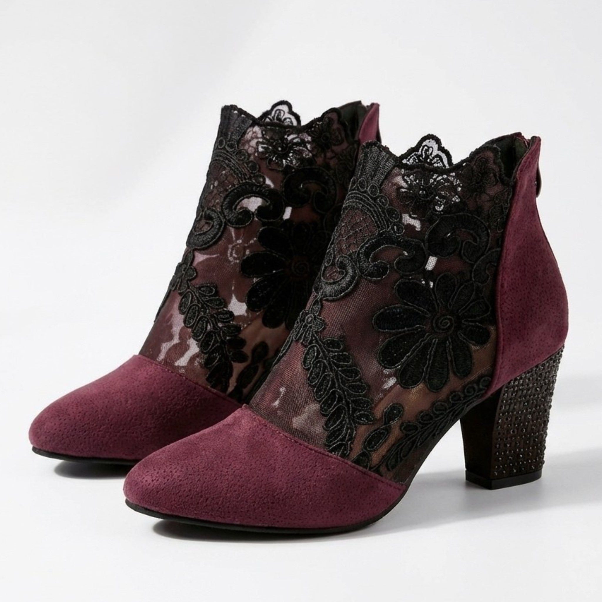 Womens Sheer Lace Block Heel Pumps | Elegant Pointed Toe Evening Shoes 1