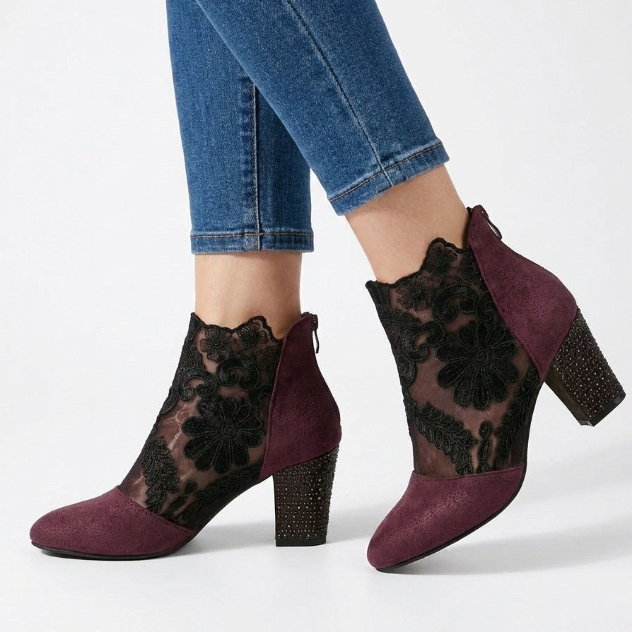 Womens Sheer Lace Block Heel Pumps | Elegant Pointed Toe Evening Shoes 2