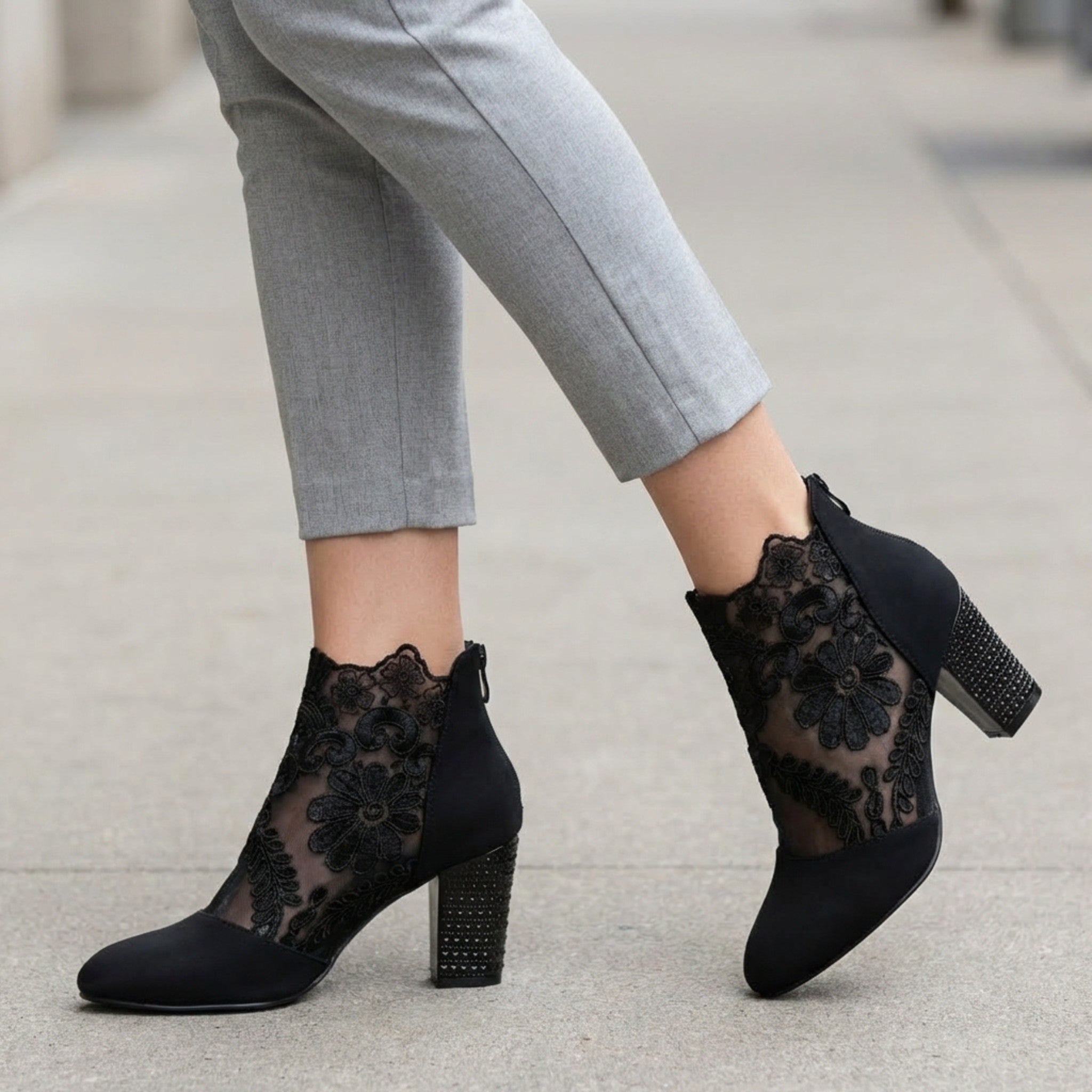 Womens Sheer Lace Block Heel Pumps | Elegant Pointed Toe Evening Shoes 3