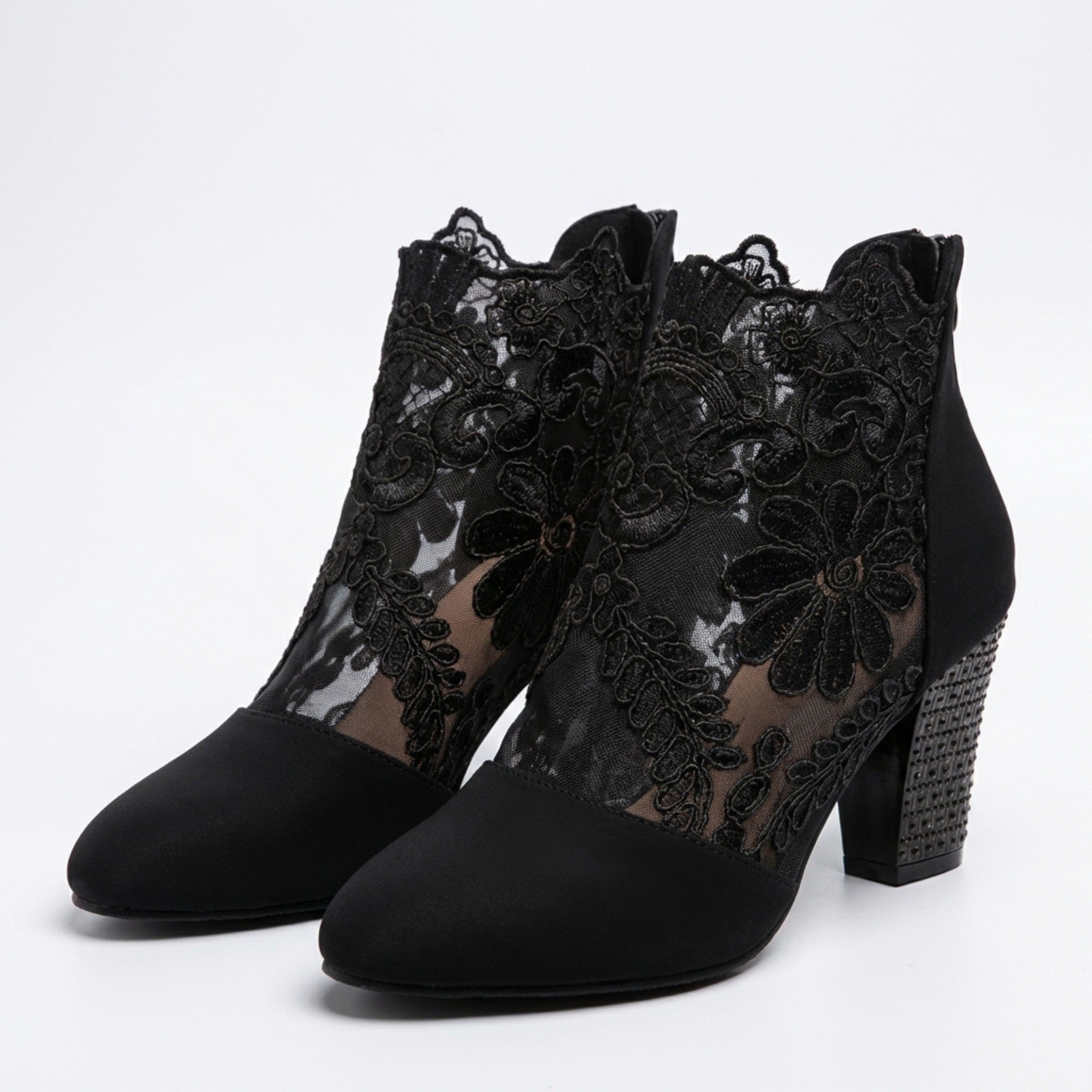 Womens Sheer Lace Block Heel Pumps | Elegant Pointed Toe Evening Shoes 4