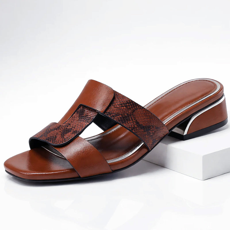 Womens Smooth Leather T-Strap Sandals | Elegant Snake Print Design for Summer 1